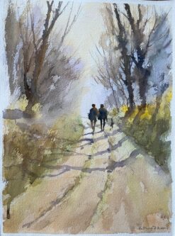 British Impressionist Watercolor of Woodland Walk with Figures and Dog