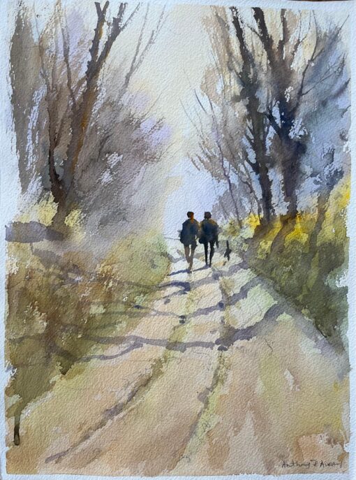 British Impressionist Watercolor of Woodland Walk with Figures and Dog