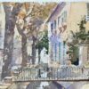 British Impressionist Watercolor of Sunlit Village Street with Bridge