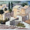 British Impressionist Watercolor of Mediterranean Village Rooftops