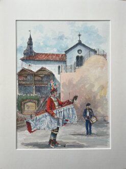 Finely Detailed Watercolor of a Spanish Festival Scene with Church and Performer