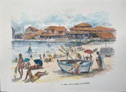 French Watercolor Painting of “La Plage et le Port d’Albret” in Vieux Boucau