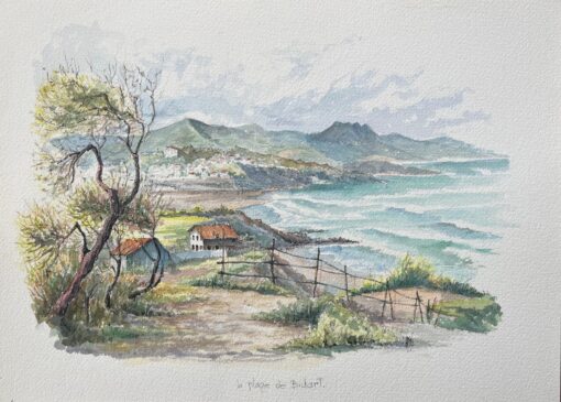 French Watercolor Painting of “La Plage de Bidart” with Coastal Landscape