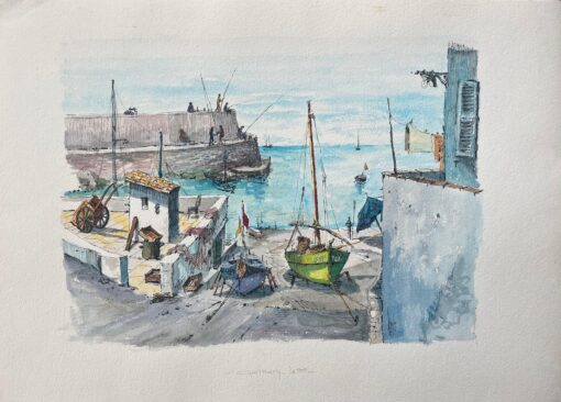 French Watercolor Painting of Guéthary Port with Fishing Boats and Architecture