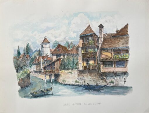 French Watercolor Painting of “Salies-de-Béarn, Les Bords de Saleys