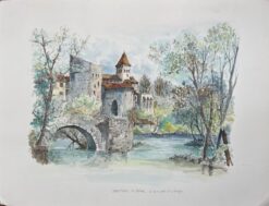 French Watercolor Painting of Sauveterre-de-Béarn’s Old Bridge and Donjon
