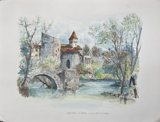French Watercolor Painting of Sauveterre-de-Béarn’s Old Bridge and Donjon