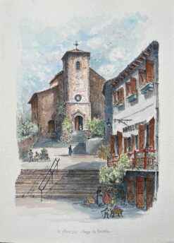 French Watercolor Painting of the Picturesque Village of Biriatou