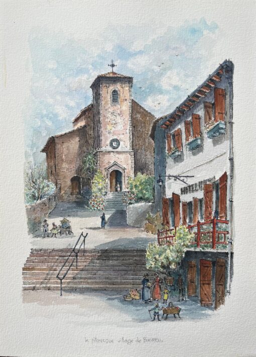 French Watercolor Painting of the Picturesque Village of Biriatou