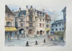 French Watercolor Painting of Sarlat-la-Canéda, Place Peyrou