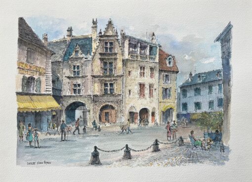 French Watercolor Painting of Sarlat-la-Canéda, Place Peyrou