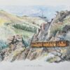 French Watercolor Painting of the La Rhune Train in Scenic Basque Landscape