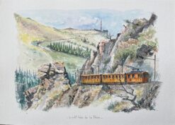 French Watercolor Painting of the La Rhune Train in Scenic Basque Landscape