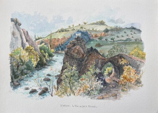 French Watercolor Painting of the Nive River and Roland’s Pass in Itxassou