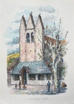 French Watercolor of the Fortified Church of Golinhac with Figures and Dog