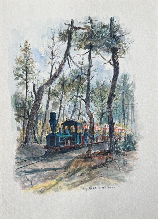 French Watercolor of Le Petit Train in the Forest, Cap Ferret