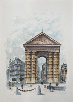 French Watercolor of "Porte d’Aquitaine, Bordeaux" with Cityscape Details
