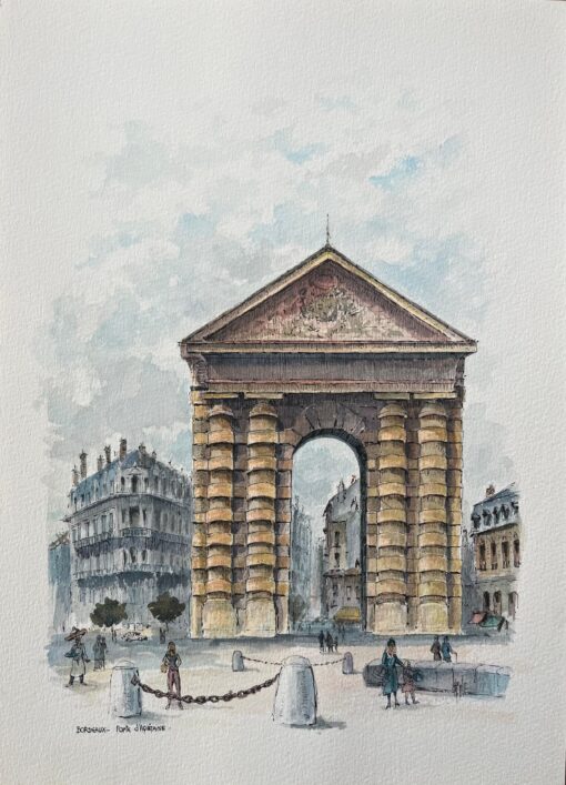 French Watercolor of "Porte d’Aquitaine, Bordeaux" with Cityscape Details