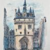 French Watercolor of "Porte Cailhau, Bordeaux" with Architectural Details