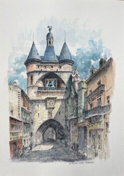 French Watercolor of "La Grosse Cloche, Bordeaux" with Architectural Detailing