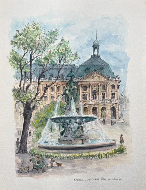 French Watercolor of "Les Trois Grâces, Place de la Bourse, Bordeaux
