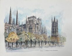 French Watercolor of Bordeaux: La Cathédrale et La Tour Pey-Berland