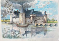 French Watercolor of "Château de Plessis-Bourré" Reflected on Tranquil Waters