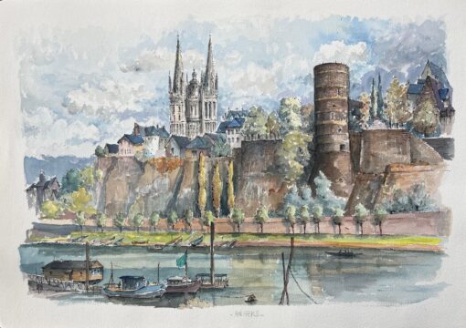 French Watercolor of "Angers with Château and Cathedral" Along the Maine River