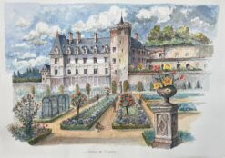 French Watercolor of "Château de Villandry with Formal Gardens"