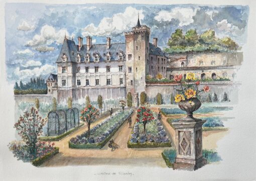 French Watercolor of "Château de Villandry with Formal Gardens"