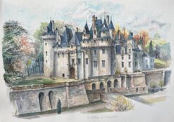 French Watercolor of "Château de Rigny-Ussé in an Autumn Setting"