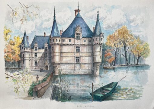 French Watercolor of "Château d'Azay-le-Rideau Surrounded by the Indre River