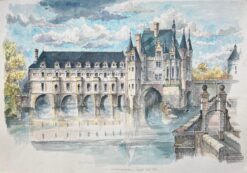 French Watercolor of Château de Chenonceau: Perspective from the Northeast