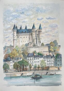 French Watercolor of "Château de Saumur: Riverside View"