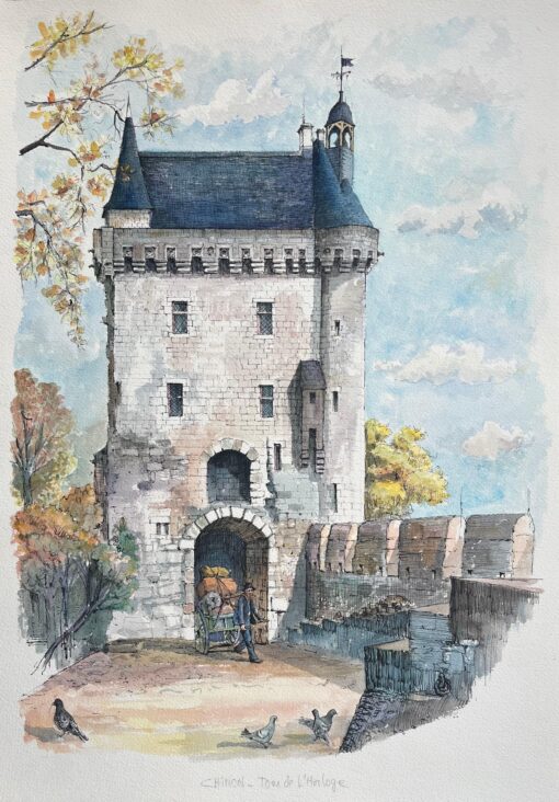 French Watercolor of Chinon: Tour de l'Horloge with Cart Figure