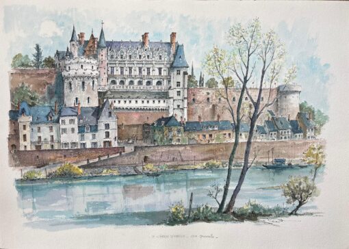 French Watercolor of "Château d'Amboise: Vue Générale"