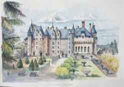 French Watercolor of "Château de Langeais" with Gardens and Architectural Detail