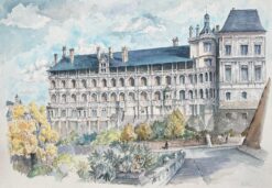 French Watercolor of "Château de Blois" with Architectural and Garden Details