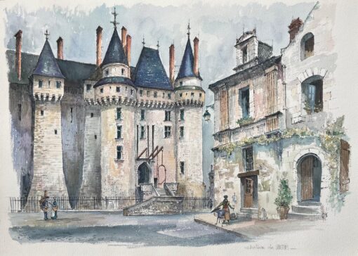 French Watercolor of "Château de Langeais" with Historical Street Scene