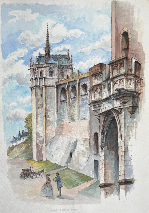 French Watercolor of "Amboise: La Chapelle St. Hubert" with Carriage and Figures