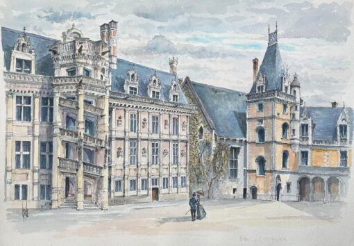 French Watercolor of "Blois: L’Escalier François I" with Historical Figures