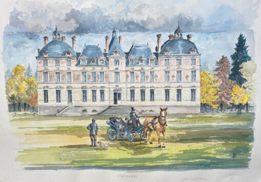 French Watercolor of "Château de Cheverny" with Elegant Carriage Scene