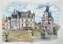 French Watercolor of Château de Chenonceau with Figures and Garden Well