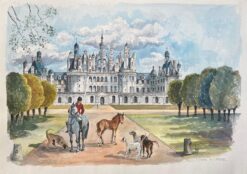 French Watercolor of Château de Chambord with Huntsman, Horses, and Hounds