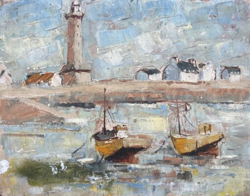 French Mid-Century Oil Painting of Fishing Boats and Lighthouse