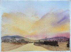 British Impressionist Watercolor of a Sunset Over Rolling Hills