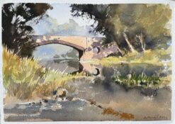 British Impressionist Watercolor of a Stone Bridge Over a Tranquil River