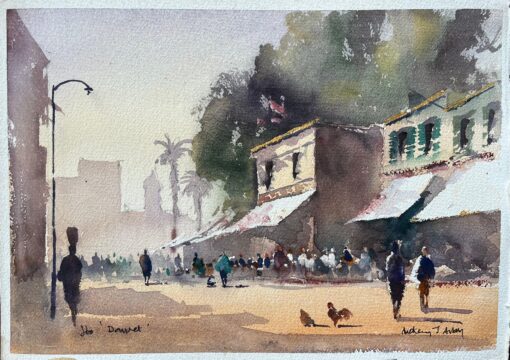 British Impressionist Watercolor of a Bustling Street Market Scene