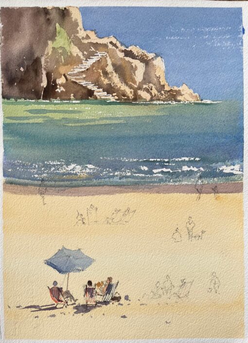 British Impressionist Watercolor of a Beach Scene with Coastal Cliffs