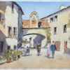 British Impressionist Watercolor of a Street Scene with Bell Tower Arch